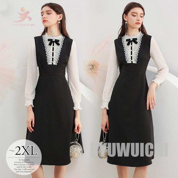 超高品質の販売 ドレス ワンピース 結婚式 披露宴 パーティードレス ドッキングワンピ 長袖 膝丈 リボン レース モノトーン ブラック ホワイト ママ イベント ミセス 購入安心 Shirleyryan Ca