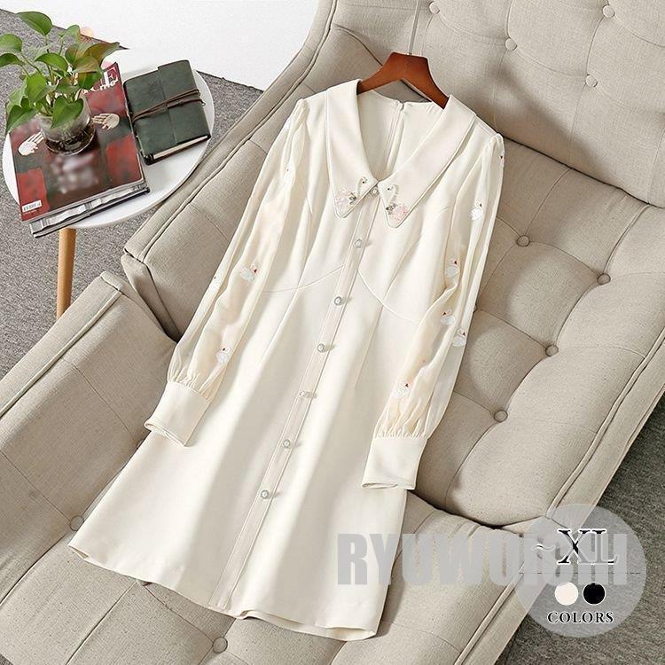 ブランドのギフト 清楚に決まるお嬢様ファッション 休日スタイル 母親 休日 ドライブ クール ガーリー デート ロマンティック ビーズ パールボタン 膝上 ファスナー 長袖 パフスリーブ 襟付き ワンピース ワンピース チュニック