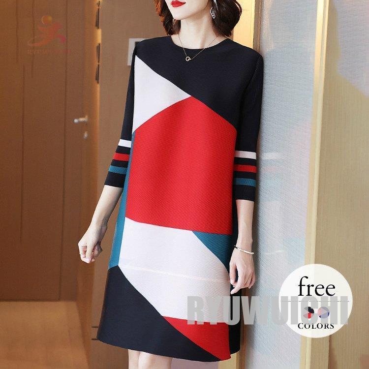 日本半額 ワンピース レディース 七分袖 膝上丈 ラウンドネック テレコ風 ボックスワンピース 大人スタイル エレガント ブラック レッド グリーン レディース セール Shirleyryan Ca