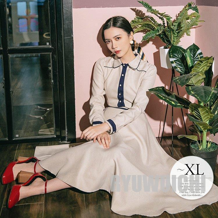 通販激安 ワンピース フレアワンピ ミディアム丈 長袖 無地 ライン クラシカルコーデ レトロスタイル 食事会 フェミニン ベージュ ネイビー 母親 イベント清楚 Babujinews In