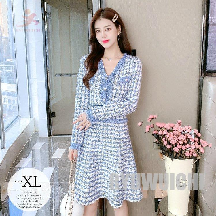 メール便発送 ニットワンピース レディース 千鳥格子柄 Vネック ワンピース ニット フェミニン 大人可愛い 女子会 デート 母親 イベント清楚 シンプル 美人 可愛い 売れてます Www Superavila Com