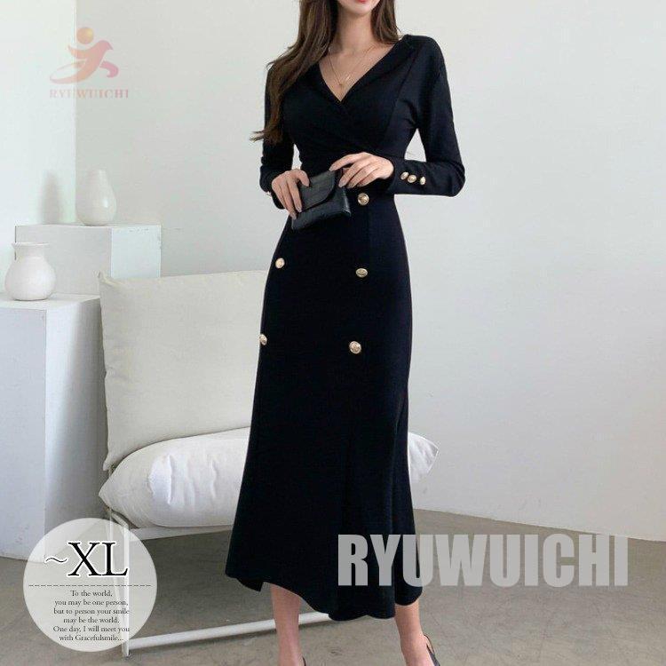 クリアランス販促品 ワンピース レディース 大人エレガント クール モノトーン タイトワンピース カシュクール 飾りボタン ブラック 魅力的 リラックス ベーシック モダン 本物の製品を販売する Wildliferemovalspecialist Org