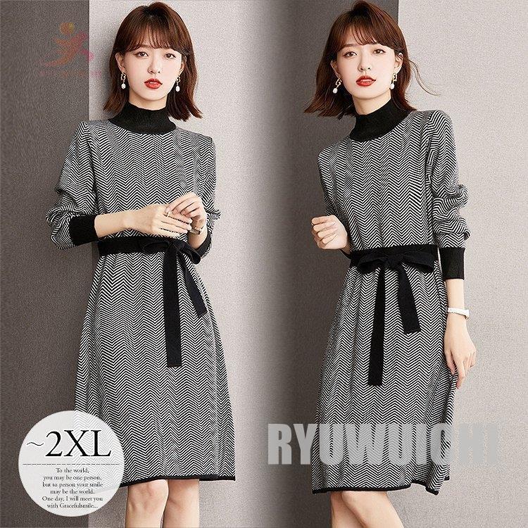 驚くべき価格 ニットワンピース レディース 長袖 モノトーン ハイゲージニット ひざ上 タートルネック リボン ベルト ホワイト ブラック おしゃれ お洒落 直売価格 Www Superavila Com