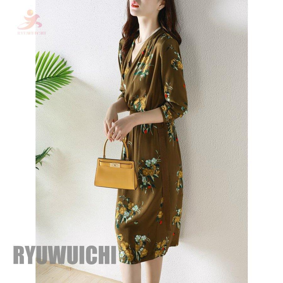 あす楽対応 ワンピース 魅力的 レディース 女子会 デート グリーン オフィスカジュアル 大人スタイル 柄ワンピ とろみ素材 カシュクール 膝丈 七分袖 レディース ワンピース サイズ M Lifeinlacruz Com