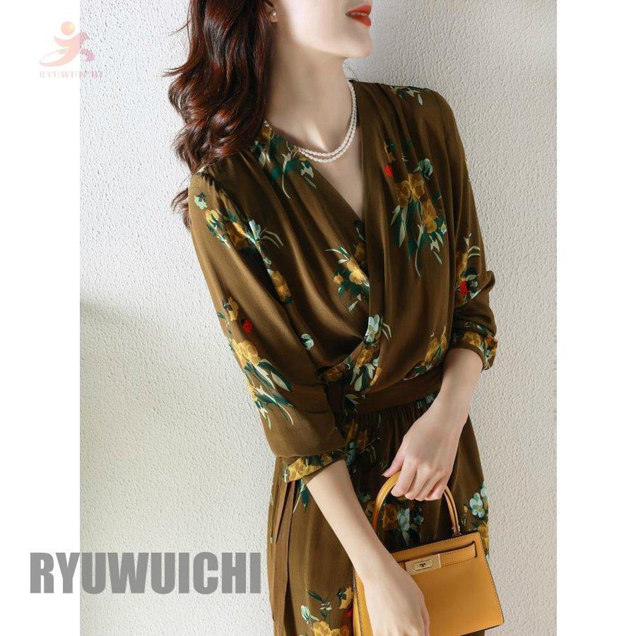 あす楽対応 ワンピース 魅力的 レディース 女子会 デート グリーン オフィスカジュアル 大人スタイル 柄ワンピ とろみ素材 カシュクール 膝丈 七分袖 レディース ワンピース サイズ M Lifeinlacruz Com