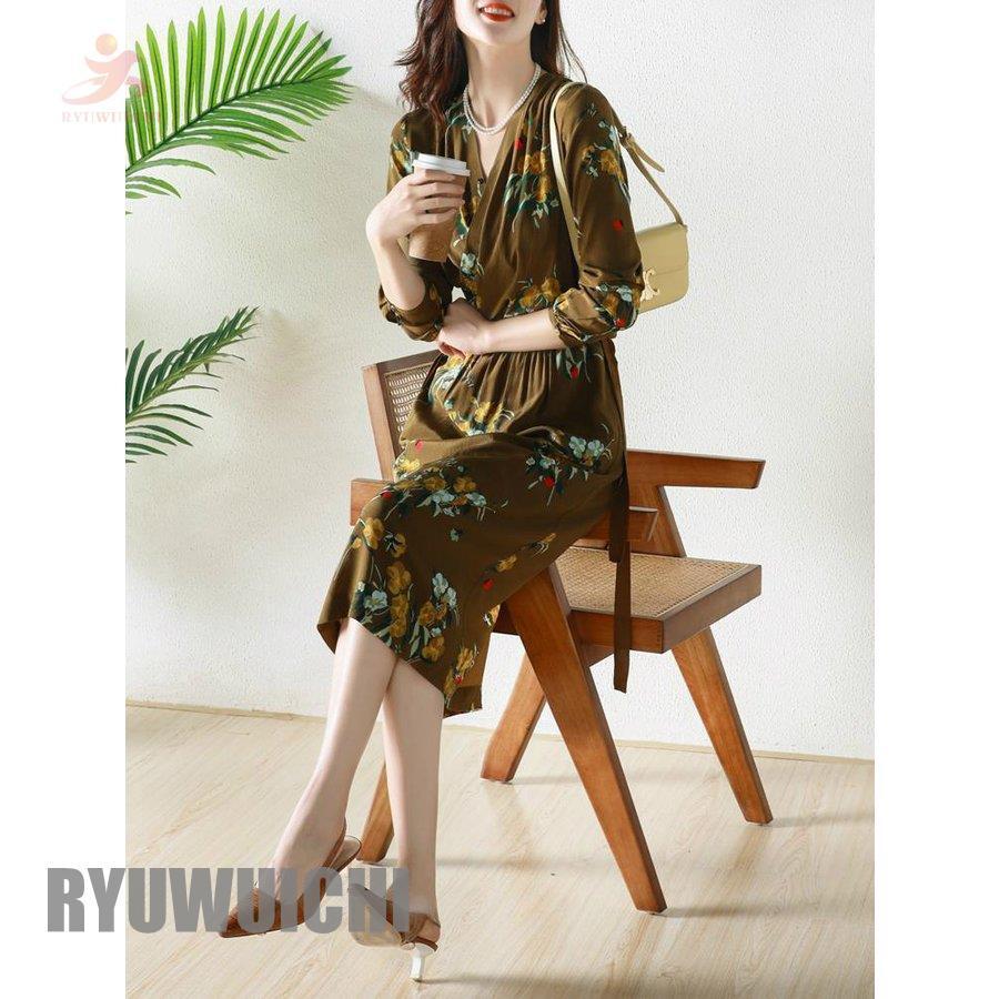 あす楽対応 ワンピース 魅力的 レディース 女子会 デート グリーン オフィスカジュアル 大人スタイル 柄ワンピ とろみ素材 カシュクール 膝丈 七分袖 レディース ワンピース サイズ M Lifeinlacruz Com