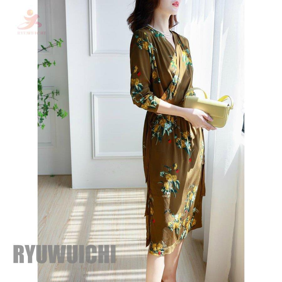 あす楽対応 ワンピース 魅力的 レディース 女子会 デート グリーン オフィスカジュアル 大人スタイル 柄ワンピ とろみ素材 カシュクール 膝丈 七分袖 レディース ワンピース サイズ M Lifeinlacruz Com