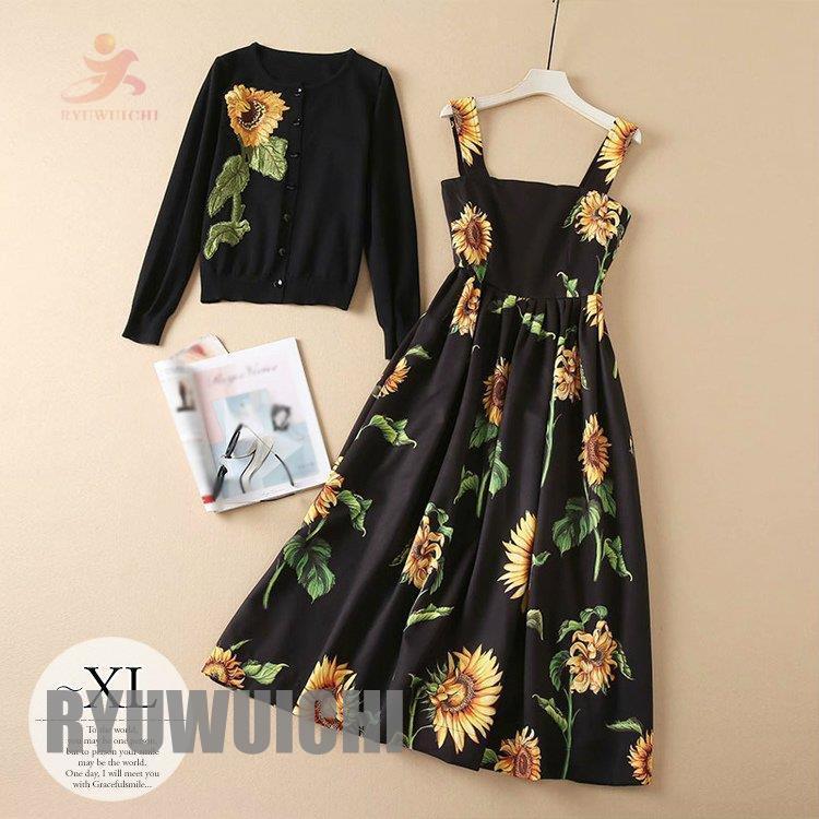 アウトレット値下 ワンピース レディース カーディガン ひまわり 総柄 エンパイアシルエット ガーリー 大人可愛い カジュアル ブラック イエロー グリーン ミセス モダン 格安特売 Www Superavila Com