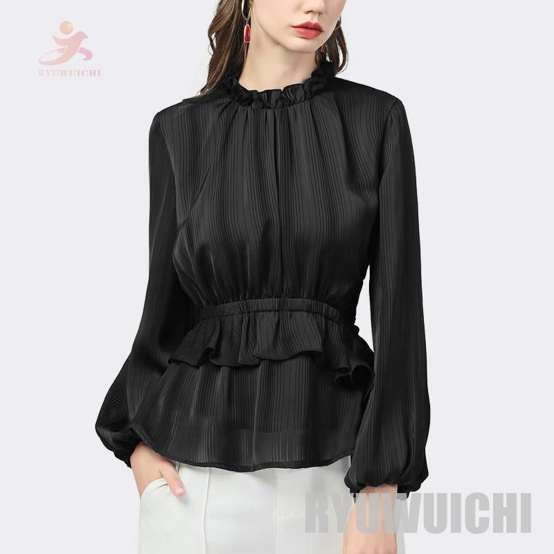 ブラウス トップス 長袖 へプラム風 切り替え パフスリーブ フリル