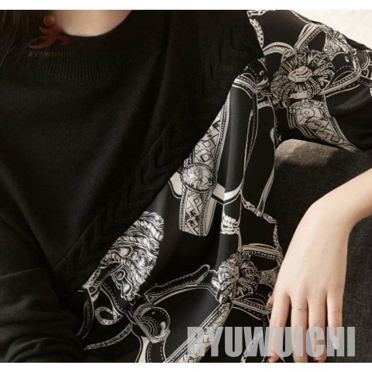 セーター トップス ニット モックネック 長袖 スカーフ柄 ツートン 異素材 ハイゲージ エレガント ブラック ベージュ ナチュラル 魅力的 イベント 美人 セーター トップス ニット モックネック 長袖 スカーフ柄 ツートン 異