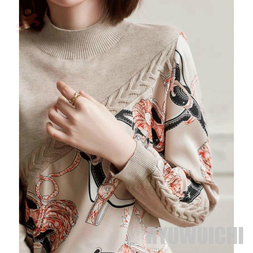 セーター トップス ニット モックネック 長袖 スカーフ柄 ツートン 異