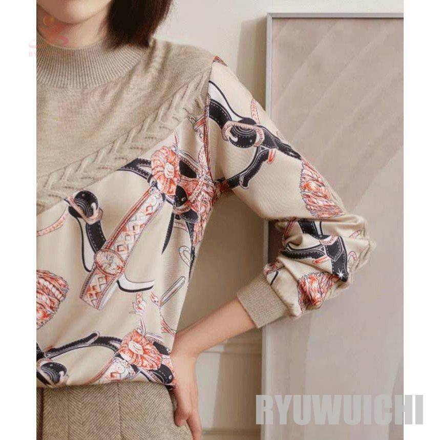 セーター トップス ニット モックネック 長袖 スカーフ柄 ツートン 異