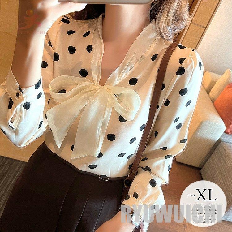 ブラウス トップス シャツ レディース ドット柄 水玉模様 長袖 リボン レトロスタイル フェミニン ホワイト ブラック お洒落 イベント 母親 ミセス Dfly2xudow レディースファッション Www Elghoniemy Com