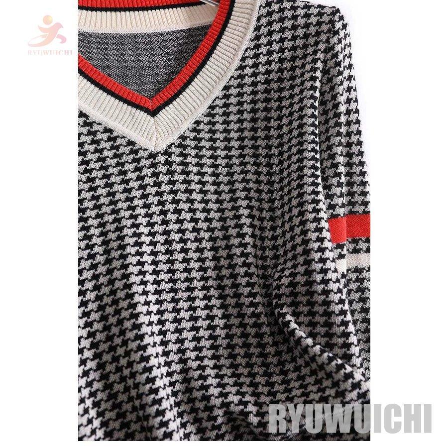 セーター トップス レディース ハイゲージニット 総柄 千鳥格子 V