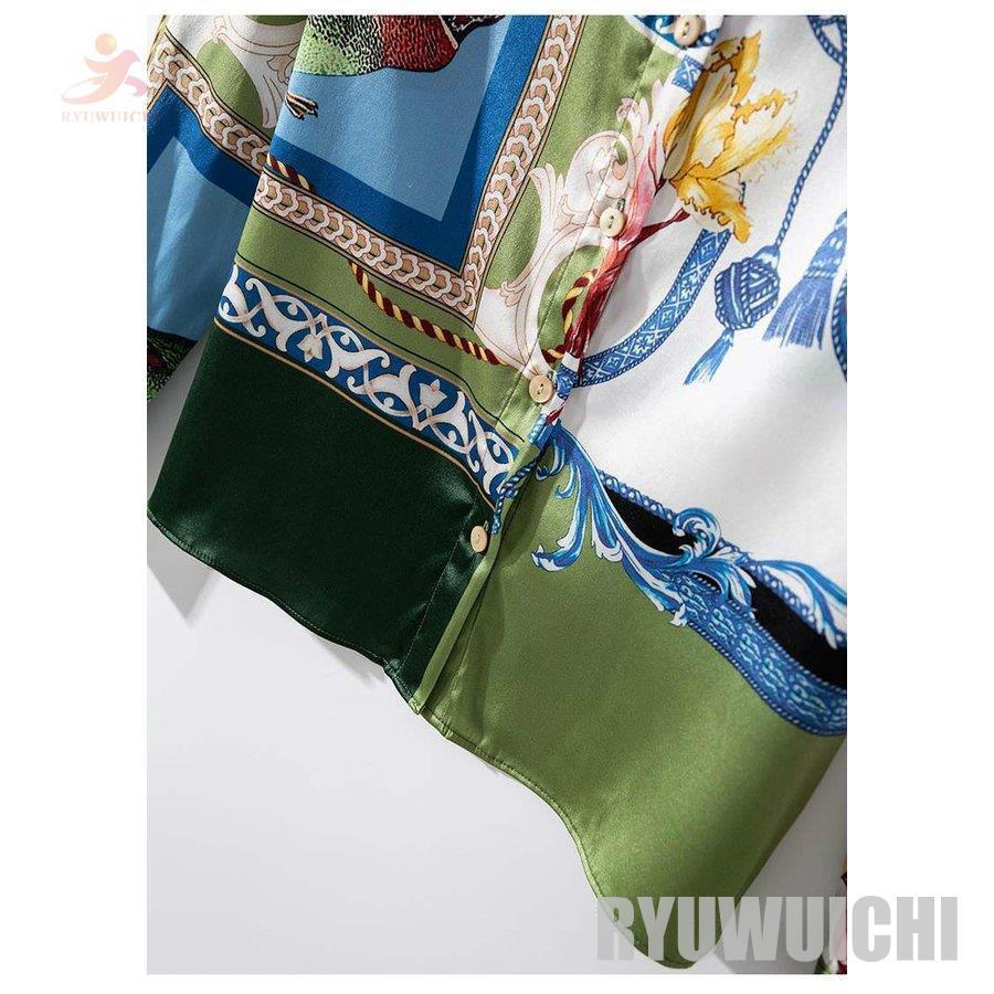 ブラウス トップス 長袖 シャツ スカーフ柄 柄シャツ サテン素材 大人