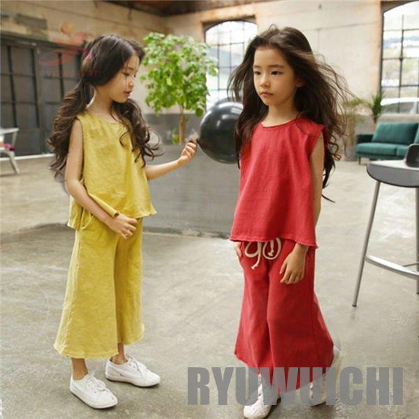 子供服 女の子 夏服 セットアップ キッズ 無地 ノースリーブ ワイド