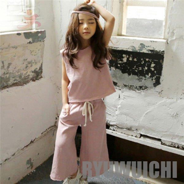 子供服 女の子 夏服 セットアップ キッズ 無地 ノースリーブ ワイド
