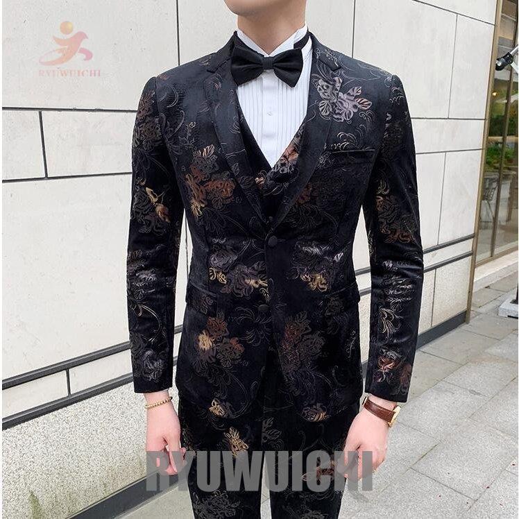 予約販売品 花柄 メンズ スーツ 3点セット ジャケット ズボン ベスト 新作 お洒落 韓国風 細身 紳士 宴会 二次会 披露宴 司会 ビジネス フォーマル 発表会 その他スーツ フォーマル カラー 写真通り Www 11thspace Com