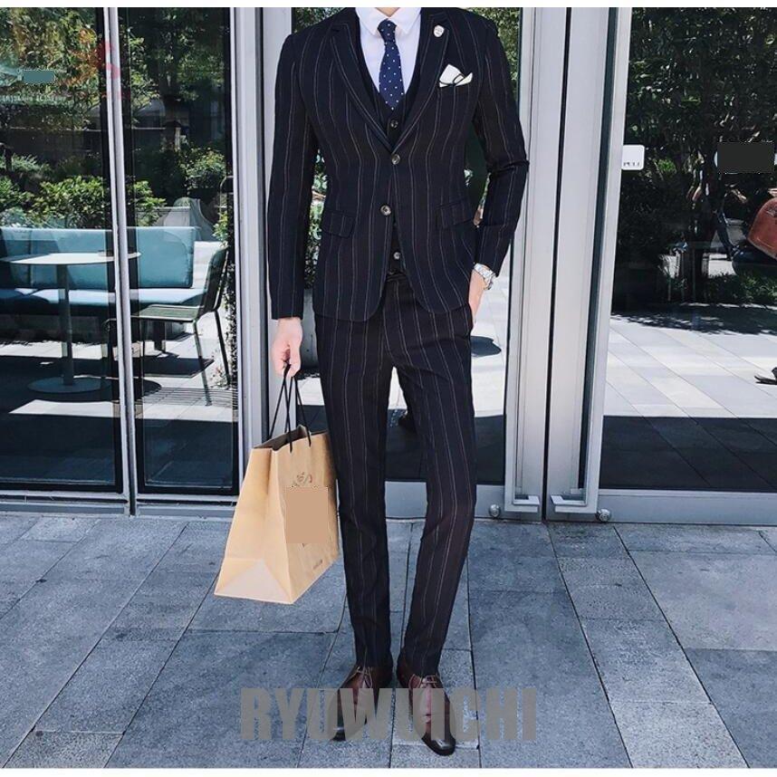 メンズスーツ 3点セット 代30代40代 Ol ジャケット パンツ ベスト ストライプ柄 フォーマル 二つボタン 大きいサイズ 春夏秋 着痩せ 結婚式 長袖 高評価 春夏秋