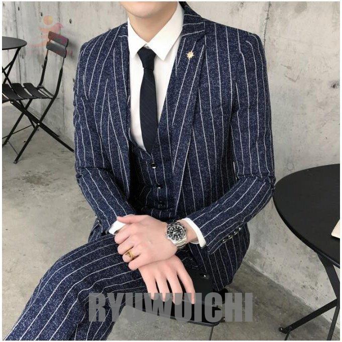 メンズスーツ ストライプ 結婚式 通勤 紳士服 4色入 3点セット ストライプ ジャケット