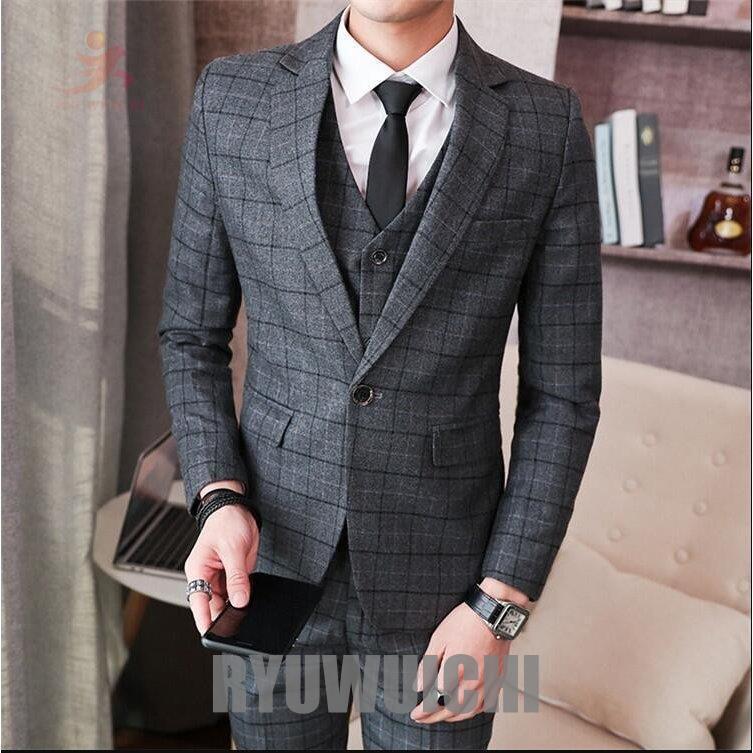 スーツ メンズ 在庫サイズM～5XL スリーピースス 二つボタン チェック柄