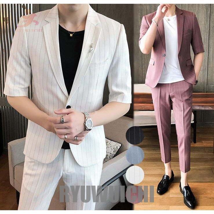 2点セット スーツ スリムスーツ 夏 メンズスーツセット 紳士服 セットアップ 7分袖ジャケット パンツ ビジネススーツ ストライプ フォーマル お兄ちゃん系 Ry16 Fastnkxg48 龍一ストア 通販 Yahoo ショッピング