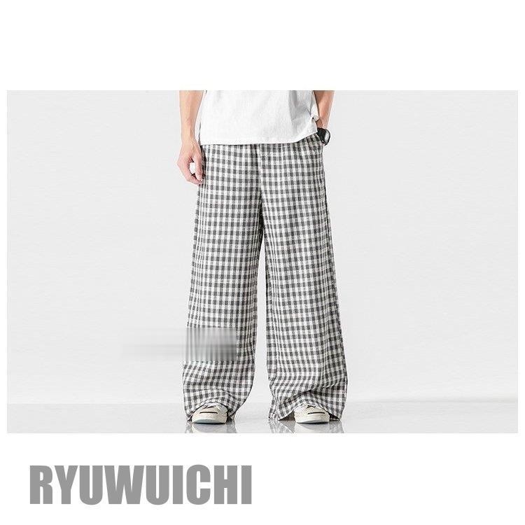 ワイドパンツ メンズ 綿麻パンツ チェック柄 サルエルパンツ 体型