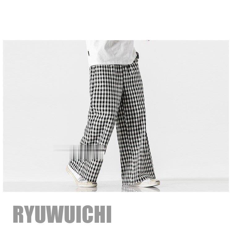 ワイドパンツ メンズ 綿麻パンツ チェック柄 サルエルパンツ 体型