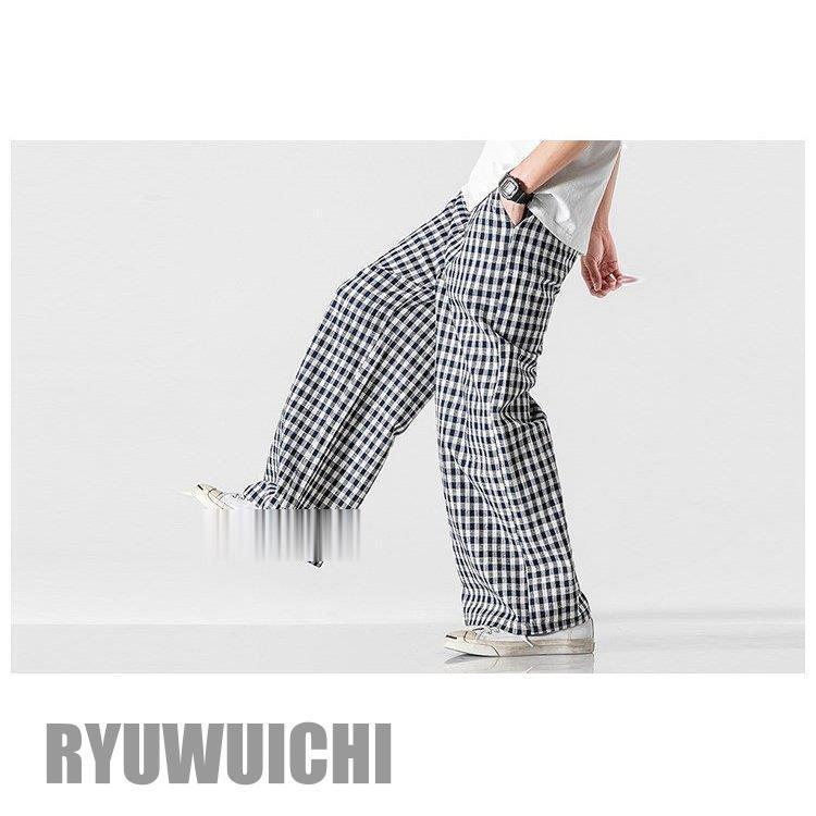 ワイドパンツ メンズ 綿麻パンツ チェック柄 サルエルパンツ