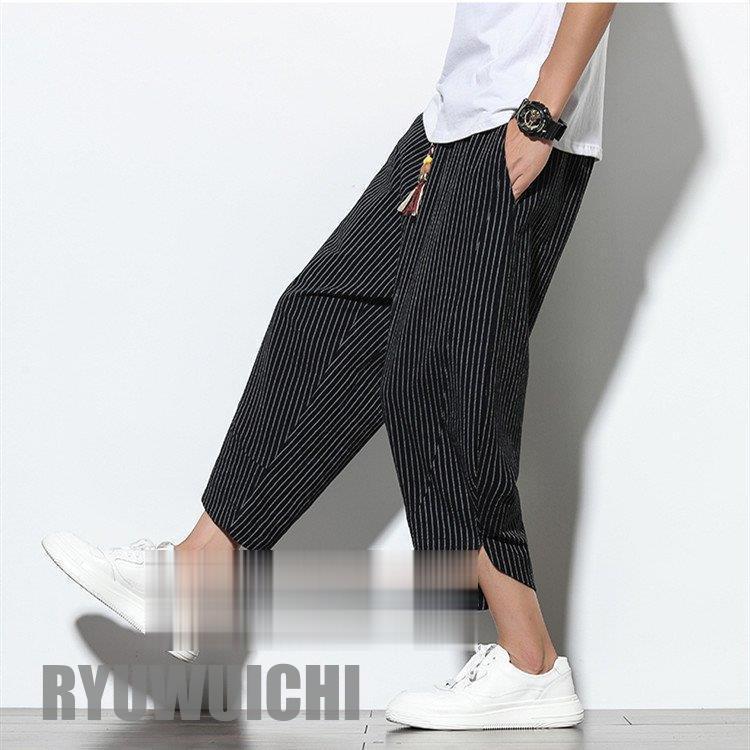 クロップドパンツ メンズ ストライプ柄 七分丈 綿麻パンツ リネンパンツ ワイドパンツ 夏 カジュアルパンツ 麻ズボン クロップドパンツ メンズ ストライプ柄 七分丈 綿麻パンツ リネン