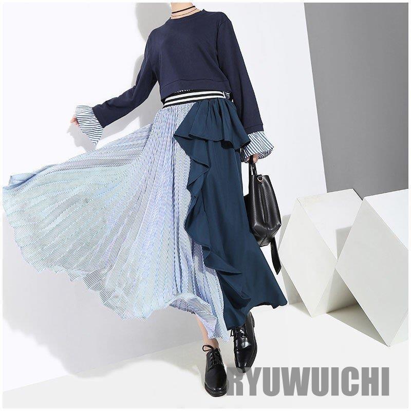 リムアーク ウエストボリュームストライプスカート　マキシ丈　フレアスカート ロングスカート レディース マキシスカート 切り替え ストライプ