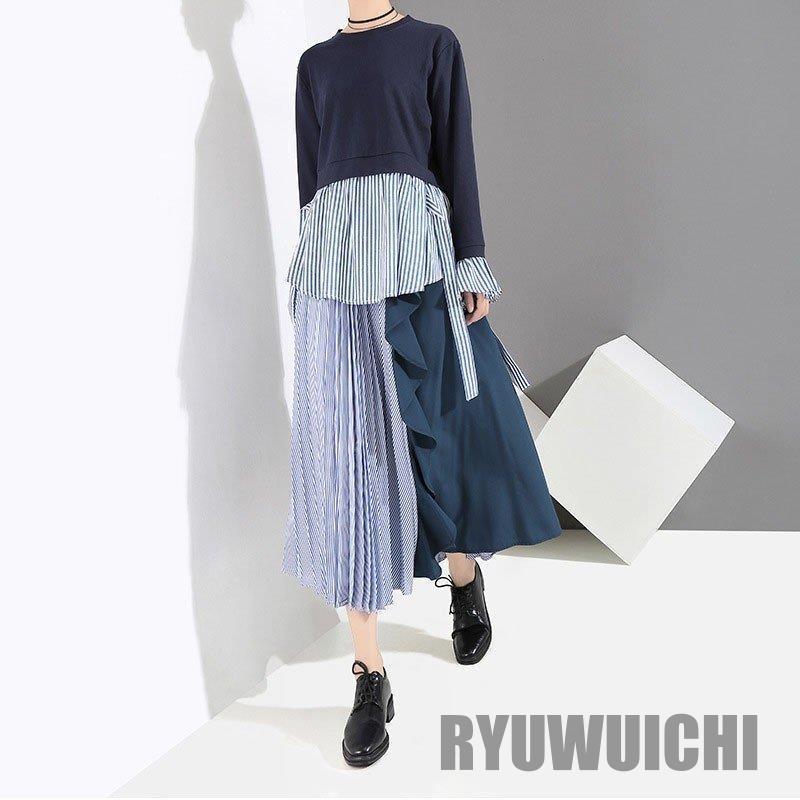 ロングスカート レディース マキシスカート 切り替え ストライプ