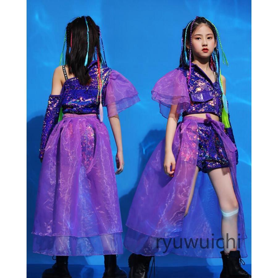 キッズ ダンス衣装 ヒップホップ セットアップ 子供服 チアガール ジャズ ダンス衣装 パープル スパンコール スカートセット チュール ジュニア ステージ 応援団