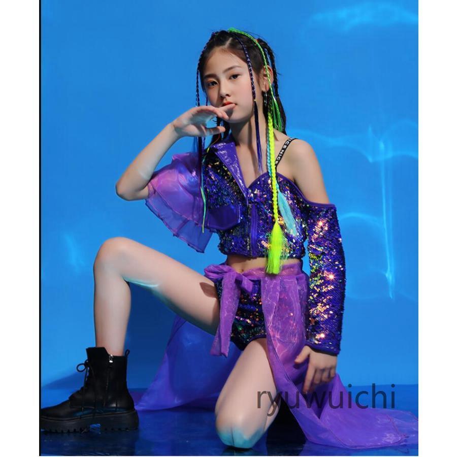 キッズ ダンス衣装 ヒップホップ セットアップ 子供服 チアガール ジャズ ダンス衣装 パープル スパンコール スカートセット チュール ジュニア ステージ 応援団