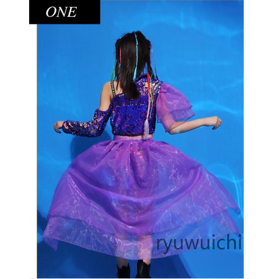 キッズ ダンス衣装 ヒップホップ セットアップ 子供服 チアガール ジャズ ダンス衣装 パープル スパンコール スカートセット チュール ジュニア ステージ 応援団