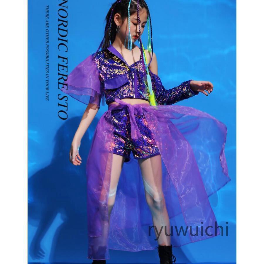 キッズ ダンス衣装 ヒップホップ セットアップ 子供服 チアガール ジャズ ダンス衣装 パープル スパンコール スカートセット チュール ジュニア ステージ 応援団