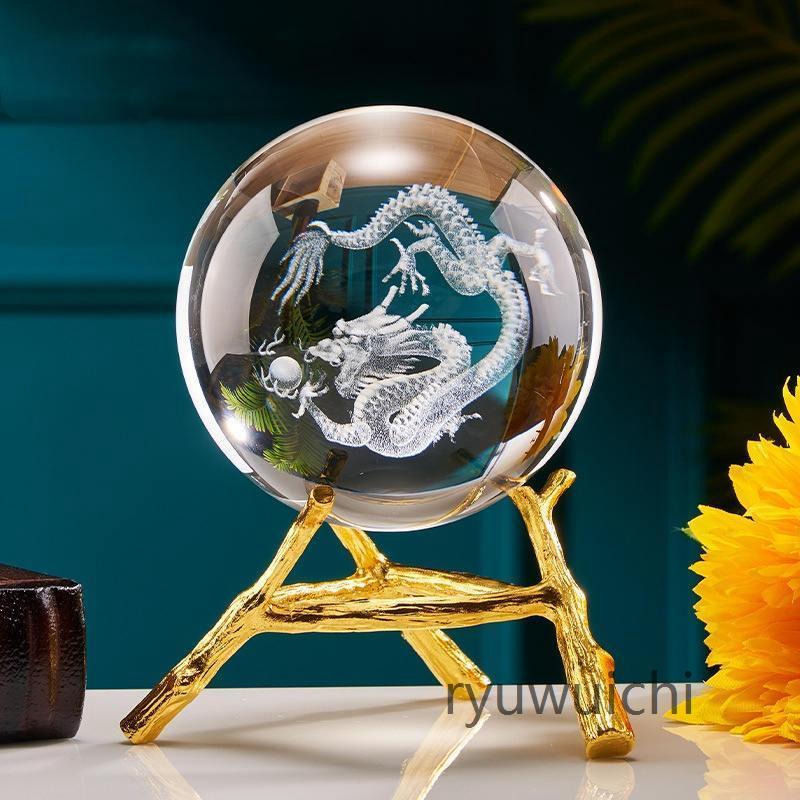 龍 クリスタルボール 龍神 干支 辰 置き物 人工水晶 丸玉 台座付き