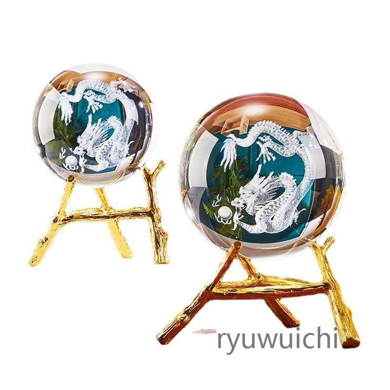 龍 クリスタルボール 龍神 干支 辰 置き物 人工水晶 丸玉 台座付き