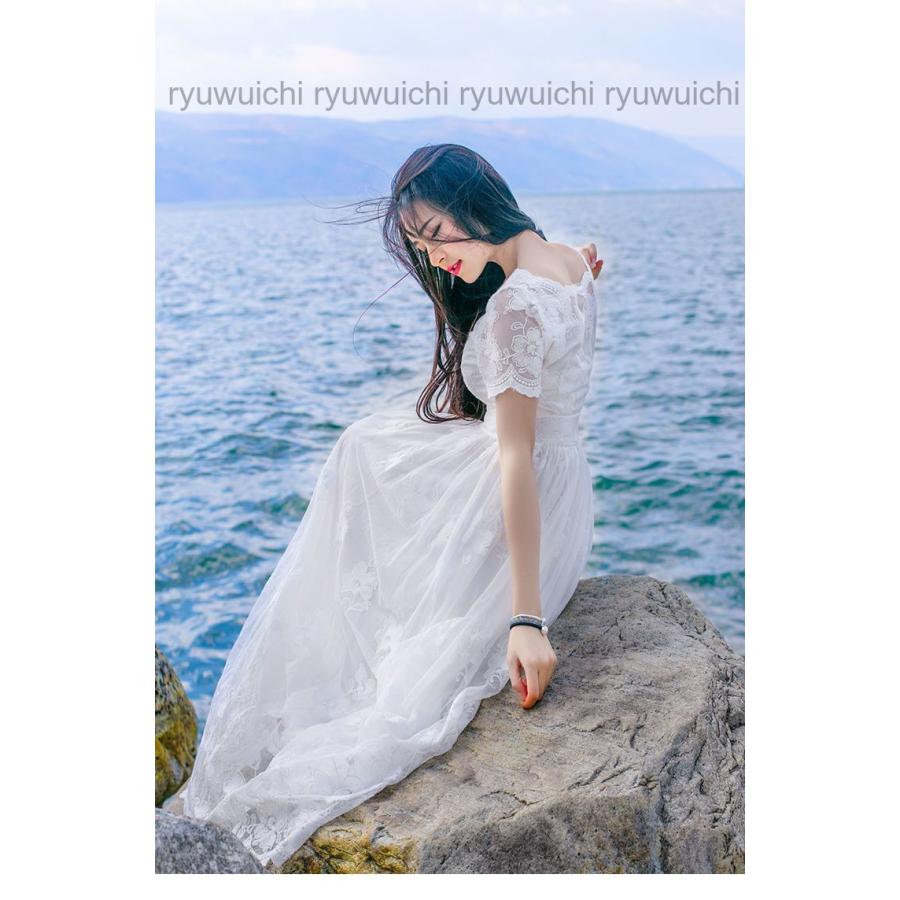 レースワンピース森ガール半分袖花柄ドレス白ワンピリゾートワンピ