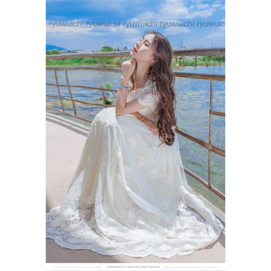 レースワンピース森ガール半分袖花柄ドレス白ワンピリゾートワンピ