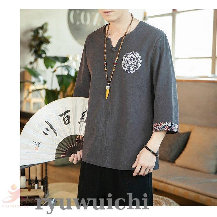 リネンTシャツ メンズ 七分袖Tシャツ Tシャツ Vネック 半袖 綿麻T