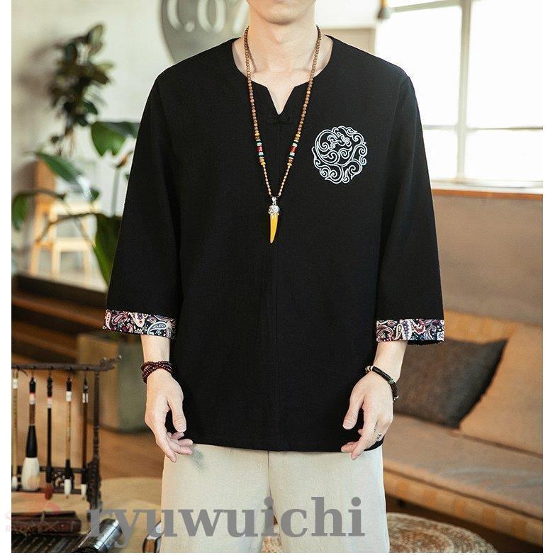 リネンTシャツ メンズ 七分袖Tシャツ Tシャツ Vネック 半袖 綿麻T