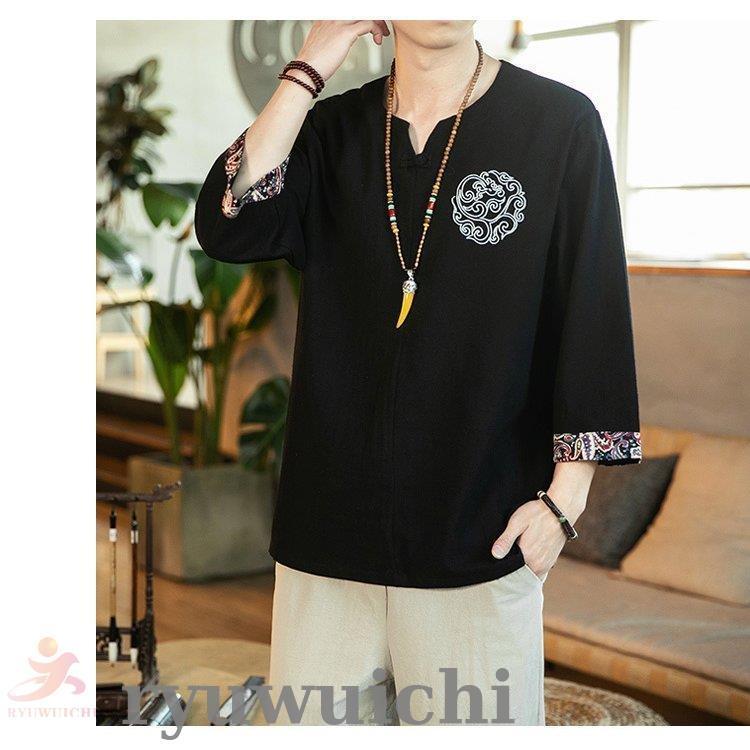 リネンTシャツ メンズ 七分袖Tシャツ Tシャツ Vネック 半袖 綿麻T
