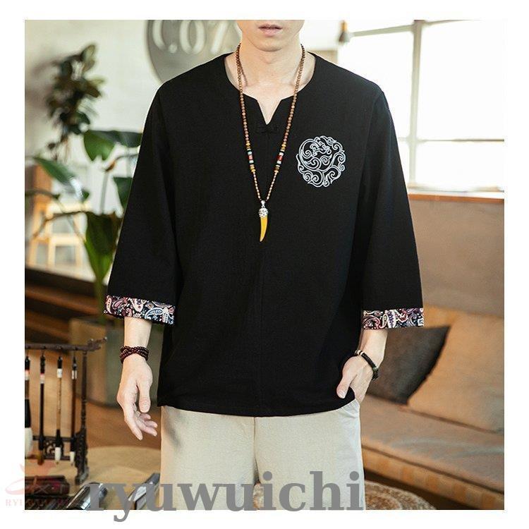 リネンTシャツ メンズ 七分袖Tシャツ Tシャツ Vネック 半袖 綿麻T