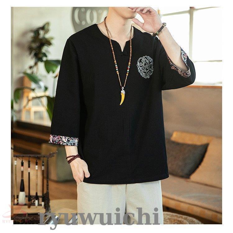 リネンTシャツ メンズ 七分袖Tシャツ Tシャツ Vネック 半袖 綿麻T