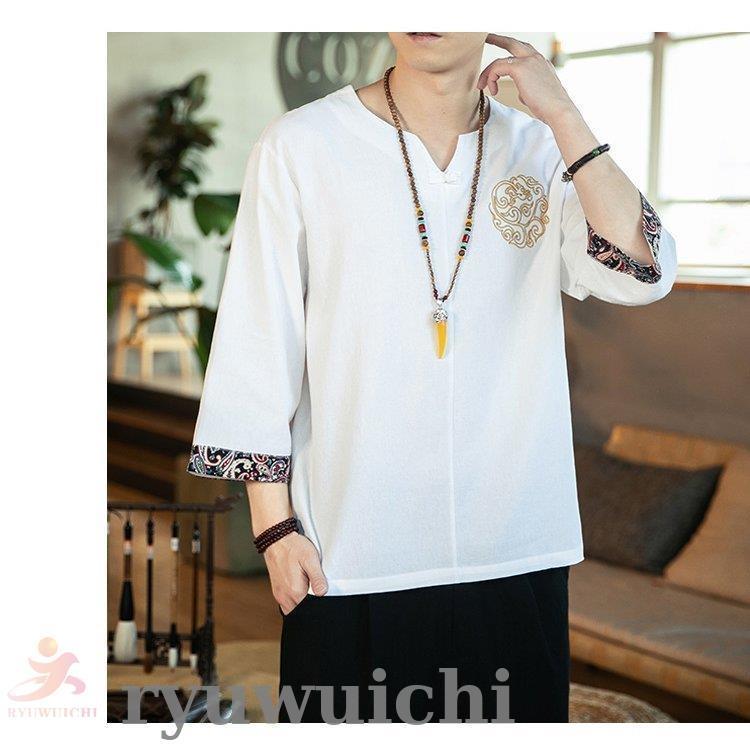 リネンTシャツ メンズ 七分袖Tシャツ Tシャツ Vネック 半袖 綿麻T
