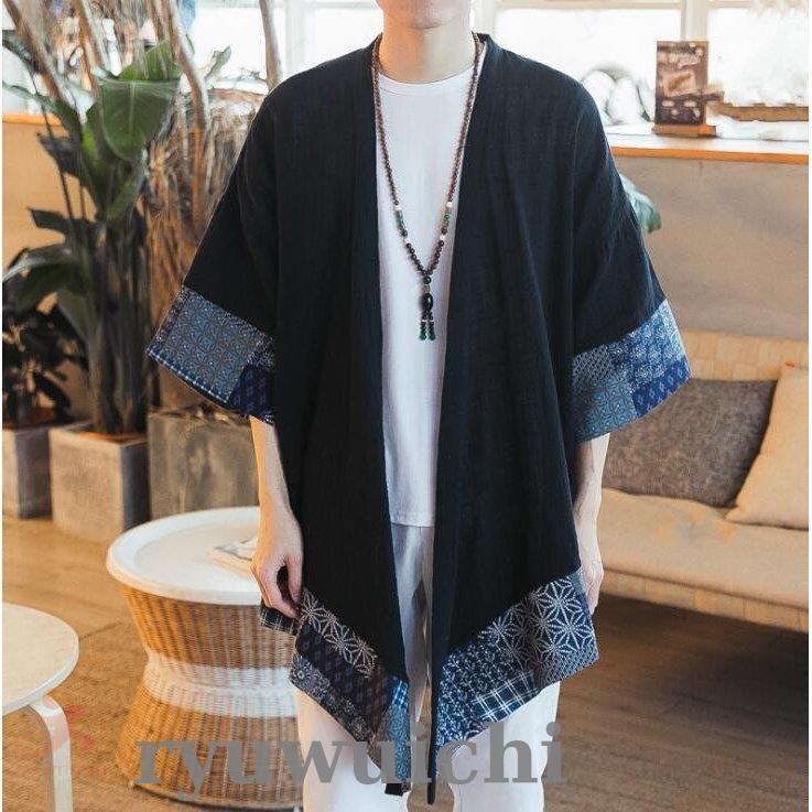 メンズ ロング袖 長袖 薄手 和装 刺繍 甚平 カーディガン 着物 コート
