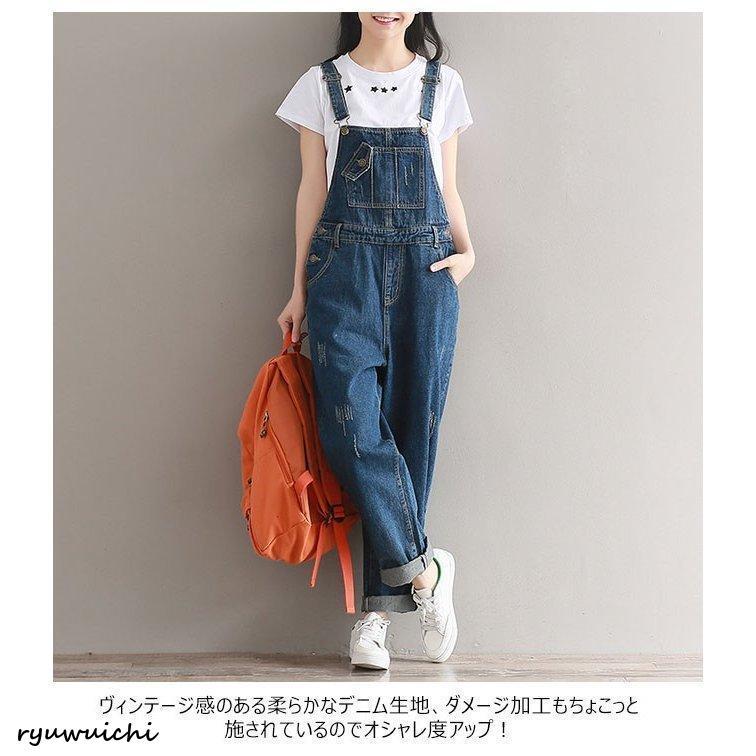 デニムオーバーオール レディース サロペット マキシ丈 ダメージ加工 