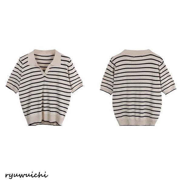 シャツ ニット 半袖 トップス 襟付き ストライプ ボーダー 涼しい 透け