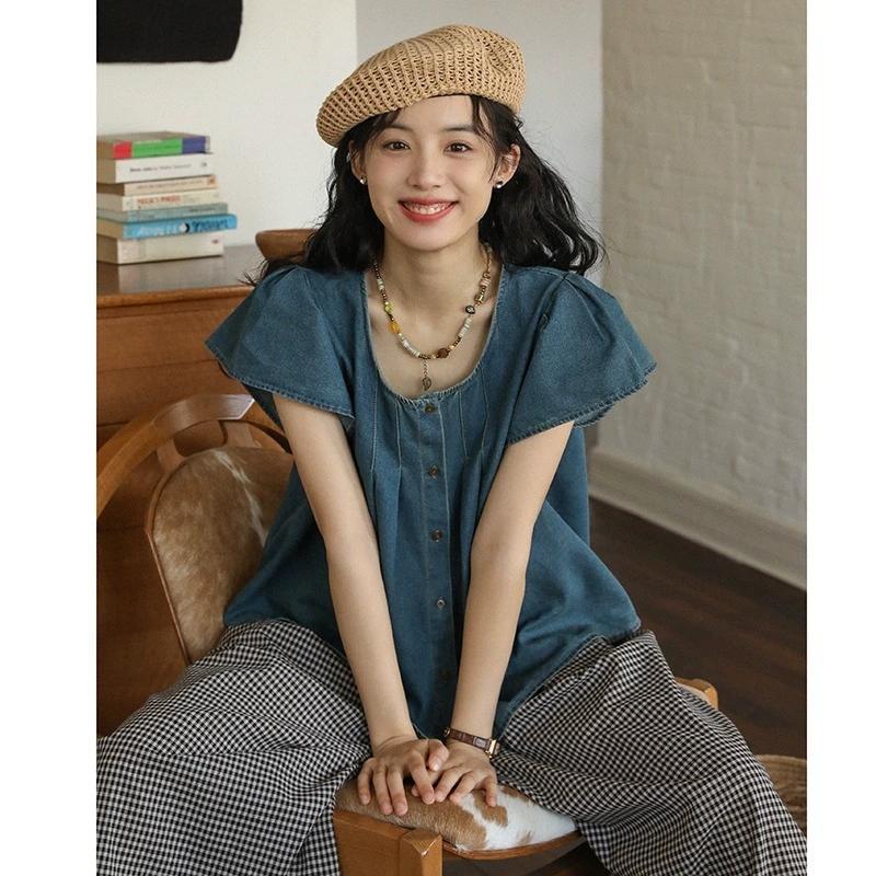 デニムブラウス レディース ブラウス 半袖 スクエアネック 夏